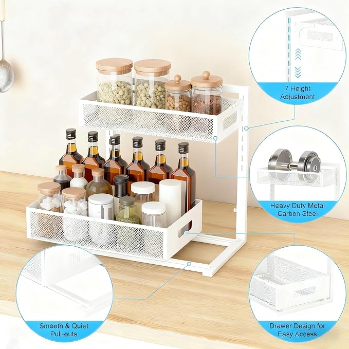 Under Sink Organizer, Adjustable Height 2 Tier Under Sink Organizers and Storage Multi-Purpose Under Sink Storage for Bathroom Kitchen
