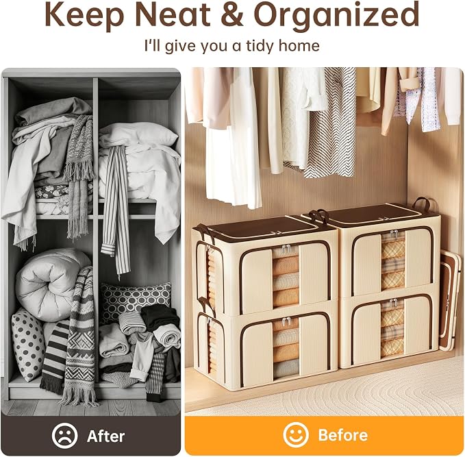 3 Openings Clothes Storage Bins with Metal Frame，66L (brown) | Oxford-Gewebe
