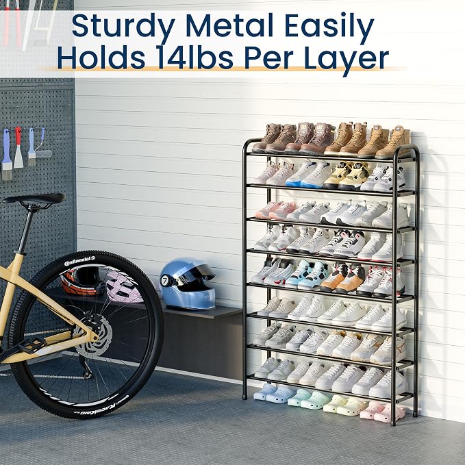 ENJOYBASICS Expandable Shoe Rack, 32.4'' Wide - 8 Tier Adjustable Shoe Organizer Shelf for Closet, 32 Pairs Black Metal Free Standing Shoe Rack Storage for Garage, Entryway