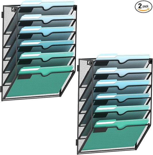 SUPEASY 6-Tier Wall File Organizer, Wall Mounted Mail Sorter, 2 Pack | Metal Mesh Hanging File Organizer with Open Compartments and Label Panels for Papers and Folders at Home, Office or School