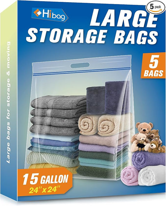HIBAG 15 Gallon Large Storage Bags, 24” x 24” Resealable Clear Bags with Handle, Extra Large XL Heavy Duty for Clothes Pillow Travel Moving, Pack of 5
