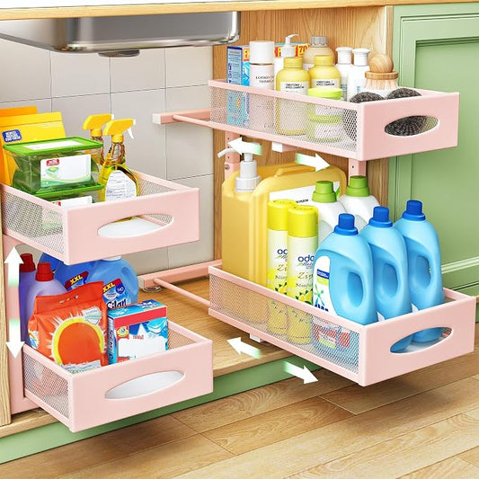 Under Sink Organizer, 2 Tier Pull out Cabinet Organizer Baskets with Mesh Sliding Drawers, Slide out Storage Shelf for Home, Kitchen, Bathroom, Pantry, Office Cabinet(1 Pack, Pink)