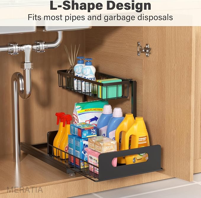 Under Sink Organizer, 2-Tier Pull-Out Metal Drawer, 2 Pack | Black metal 2-pack with lower pull-out drawers and fixed upper baskets for kitchen, bathroom and cabinet storage