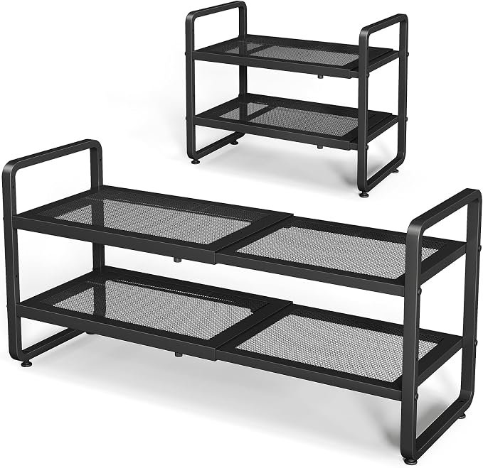 Expandable Metal Shoe Rack for Closet, Entryway & Garage, 2-Tier, Black | Adjustable Height for Boots, Stackable Design, Dense Mesh Shelves for Heels, Fits Small Spaces, Apartments and Rentals