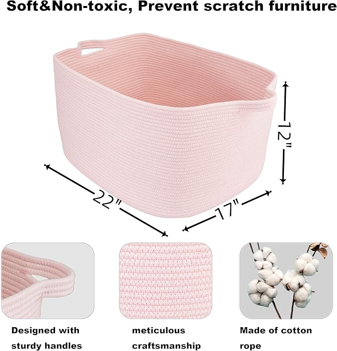 XUANGUO Large Rectangle Woven Cotton Rope Blanket Basket 22"x17"x12" Pink | Storage basket for nursery and living room; toy basket for kids, laundry basket for clothes and towels, or gift basket.
