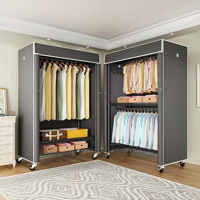 Black Clothing Rack with Dark Gray Cover, P1C Plus Rolling Closet | Metal Garment Rack with Wheels for Hanging Clothes, Portable Clothing Storage Wardrobe