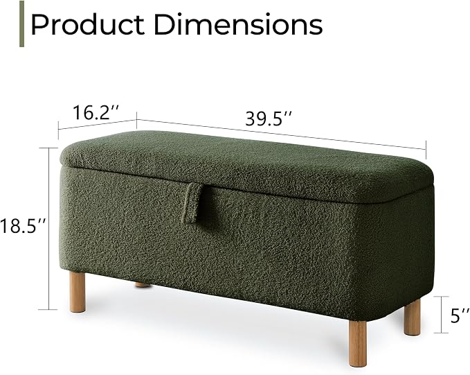 Boucle Storage Ottoman Bench for Bedroom end of Bed, Sherpa Upholstered Shoe Seat Storage Bench for Entryway Bed Foot, Rectangle Cushion Padded Blanket Chest Cute for Living Room, Blackish Green
