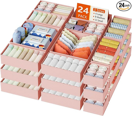 DIMJ Drawer Organizer Clothes, 24 Pack Dresser Organizer, Foldable Closet Organizers and Storage, Fabric Dresser Bins, Drawer Dividers for Nursery, Baby Clothes, Underwears, Sock (Pink)