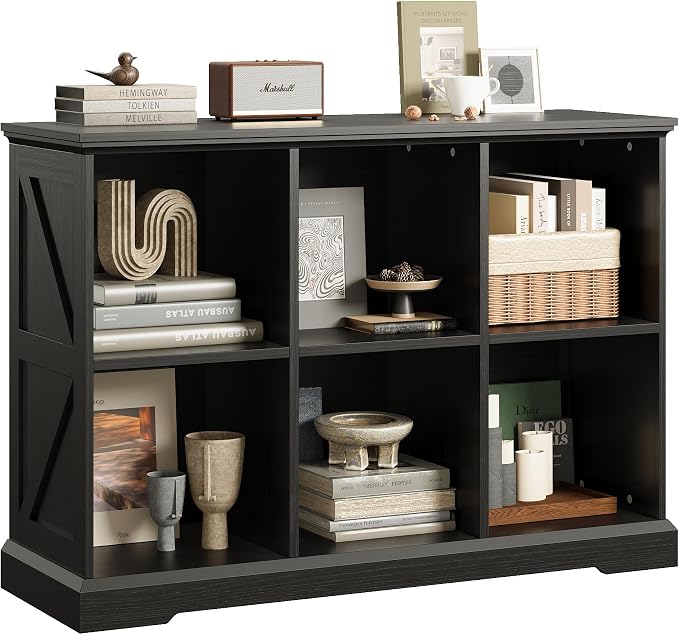 IRONCK 6 Cube Storage Organizer, Farmhouse Wood Bookshelf | Black finish, anti-tip design, cube shelf unit for bedroom, living room, home office, books or decor