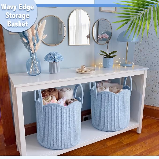 Newtay Blue Scalloped Woven Blanket Basket 12" x 12" x 12" Cotton Rope Laundry Basket Hamper Cute Round Decorative Storage Bin with Handles for Baby Nursery Living Room Bedroom Bathroom