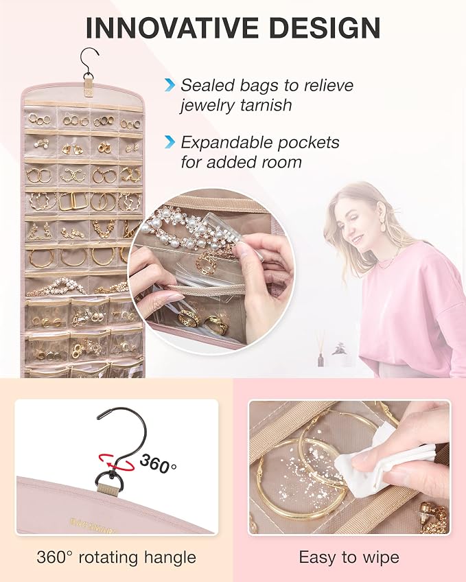 BAGSMART Hanging Jewelry Organizer, Necklace Holder Anti-tangle with 20 Jewelry Storage,1 Piece, Large Pink
