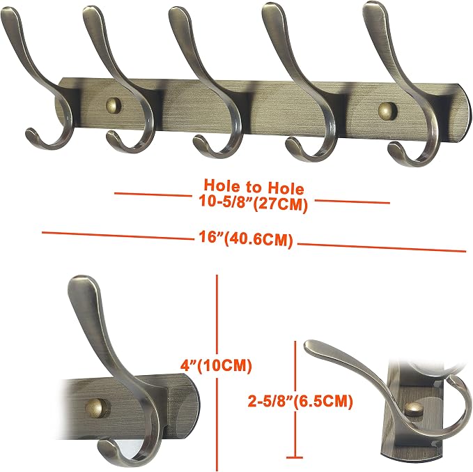 SKOLOO Modern Metal Wall Coat Rack with 5 Hooks, Sturdy Wall Hook Rack for Hanging Jacket, Clothes, Hat, Bronze
