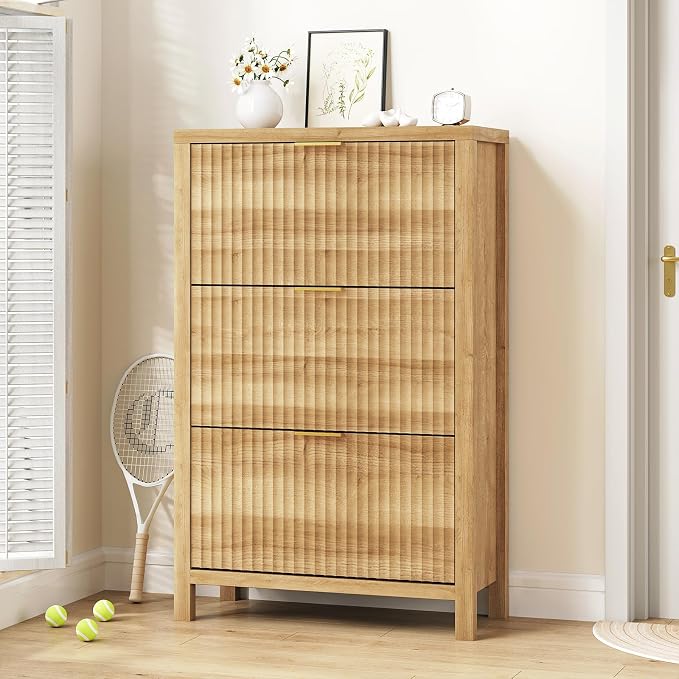 32" Fluted Shoe Cabinet Storage with 3 Flip Drawers for Entryway, Hallway | Hidden Shoe Rack Slim Freestanding Shoe Organizer with Legs for Hallway, Living Room, Oak