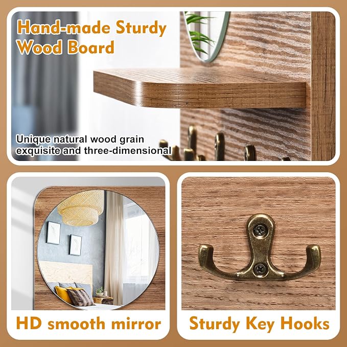 Wooden Key Rack with Mirror, Shelf and 4 Key Hooks for Rustic Entrances, Hallways, Living Rooms and Bedrooms - 16"x12" (Oak Color)
