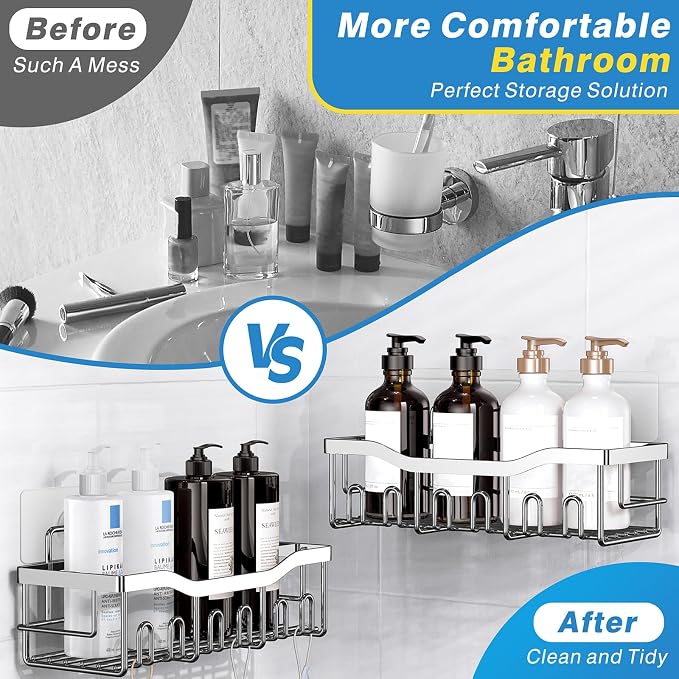 EUDELE 5-Pack Adhesive Shower Caddy Organizer, Large Capacity Rustproof Stainless Steel Shower Shelves, No Drill Bathroom Storage for Shower, Kitchen & Home Decor