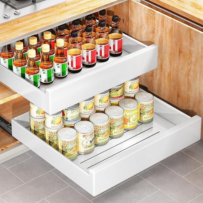 Pull Out Cabinet Organizer with Nano Adhesive, Heavy Duty Full-Extension Slide-Out Drawer for Kitchen Cabinet Organizers and Storage, No Drill Roll out Pantry Shelf, 22.4"W x 16.9"D x 3.1"H , White