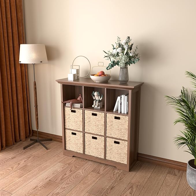OSCHF 9-Cube Open Bookcase with Base, 3-Tier Wooden Bookshelf, Walnut | Curved Base, Crown Molding, Fits 11×11" Bins, Modern Storage Cabinet for Living Room, Bedroom, Home Office