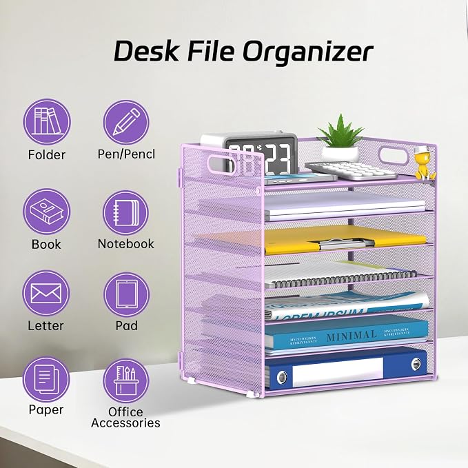 7 Tier Paper Organizer for Desk with Mesh Letter Trays and Handle Purple | Purple Desk File Organizer with Handle for Sorting Papers, Files, Folders, Mail, Bills and Office Supplies