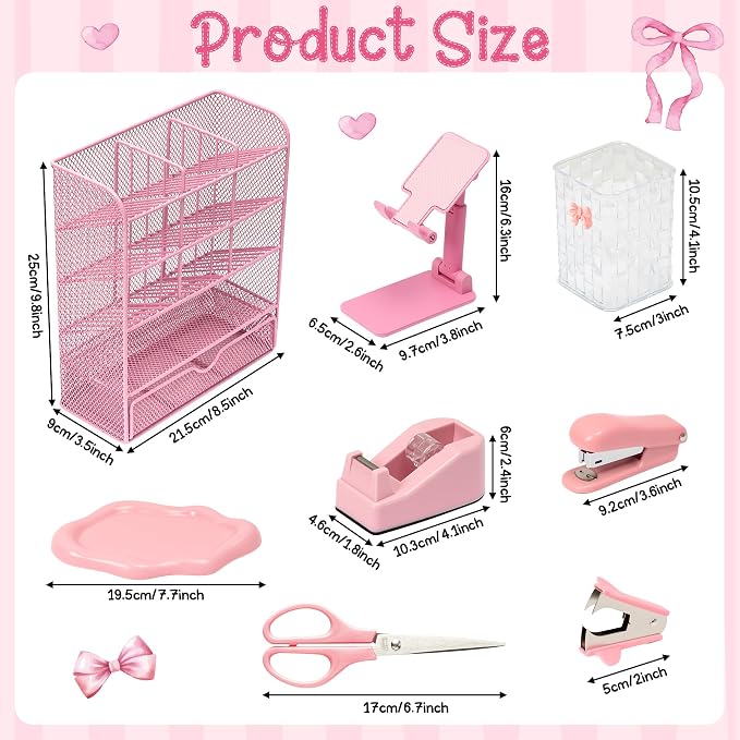 WATINC Pink Desk Organizer Accessories - 21pcs Aesthetic Office School Storage Supplies with Mesh Desk Organizer, Bow Pen Holder, Tape Dispenser, Ruler, Clip, Phone Stand Stationery Kit for Girl Women