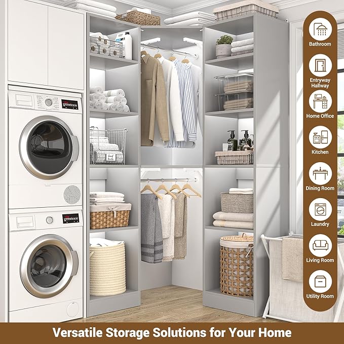 Besiost Corner Closet System with 12 Shelves, 39.2" Corner Organizer | L Shaped Closet with 2 Hanging Rods, Versatile 6-Tier Walk-in Closets for Corner Space, Grey (39.2" L x 39.2" W x 80" H)