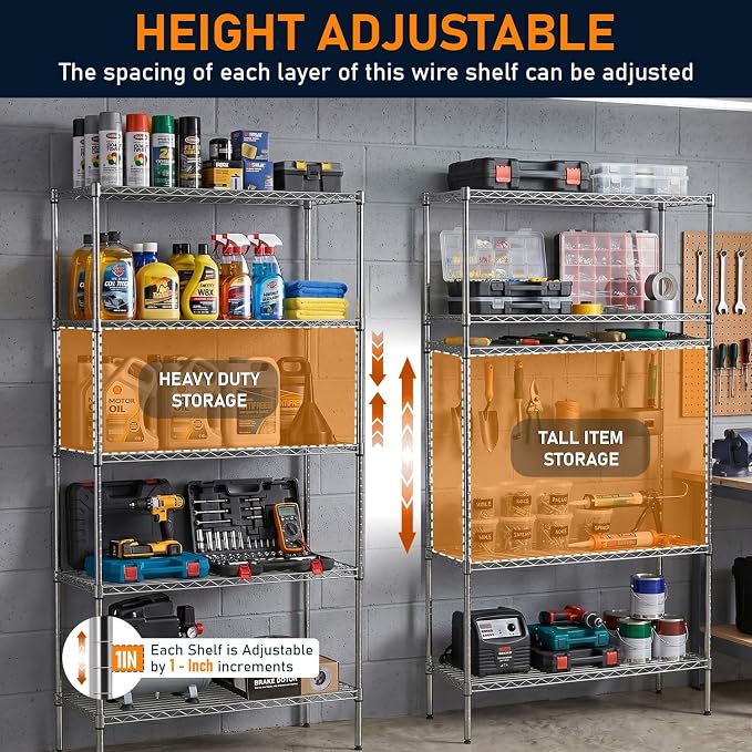 FDW | 5-Tier Wire Shelf | 36" x 14" x 72" | Chrome | Storage Shelves with Adjustable Racks, Holds upto 1250 lbs | Rust-Resistant, No-Tool Assembly | For Home, Garage
