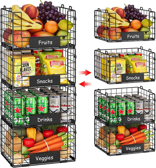 JKsmart 4 Pack XL Stackable Wire Baskets, Pantry Organizers and Storage | Pantry Baskets with Handles and Name Plates, Muti-Purpose for Snack Organizer & Vegetable Basket & Fruit Basket & Snack Rack