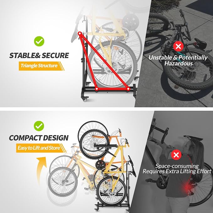 Bike Rack for Garage, Vertical Bike Stand (2 Pack), Fits bikes up to 29" | Freestanding Bike Stand With No Wall Mounting Or Drilling, Adjustable Height, Stores Up To 2 Bikes With Casters For Mobility