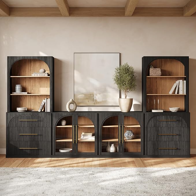 BELLEZE 6-Piece Modular TV Stand Set - 2 Sideboards with Drawers, 2 Arched Glass Door Sideboards, 2 Hutch Cabinets, Classic Modern Media Console with Adjustable Shelves for Living Room (Ebony)