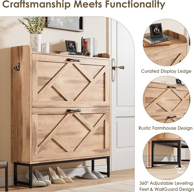 Nicetree Shoe Storage Cabinet with 2 Flip Drawers, Entryway Organizer, Oak | Slim Shoe Cabinet with Metal Legs, Narrow Farmhouse Shoe Organizer for Entryway, Foyer, Hallway, Wood Shoe Rack with Hook