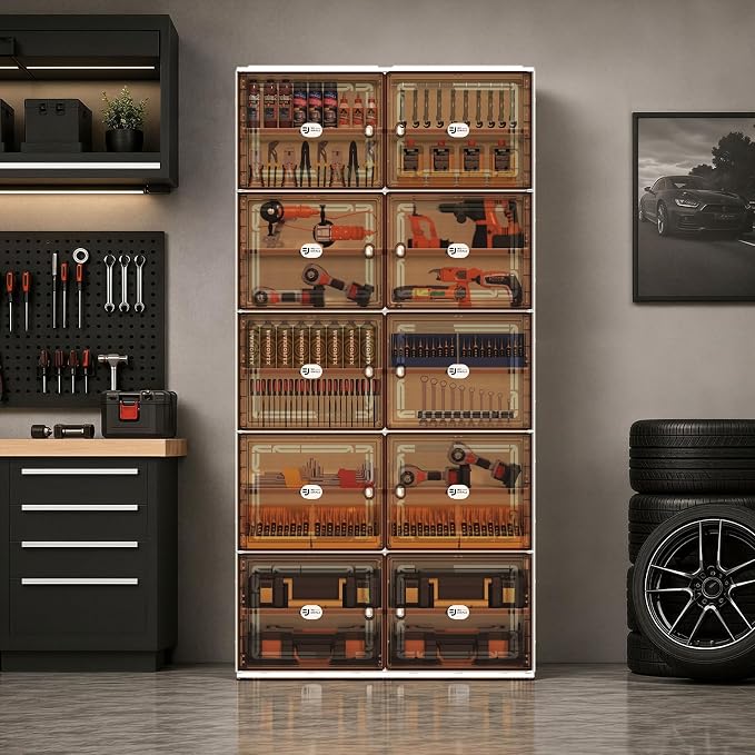 40 Pairs Shoes Storage Cabinet of 3-Step Fast Installation,Plastic Shoe Rack with Clear Magnetic Door for Display，Foldable Shoe Organizer for Entryway, Living Room, Garage (2 Row, 10 Tier)
