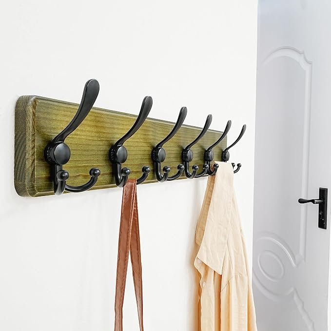 Coat Rack Wall Mounted - 24" Long 6 Tri Hooks, Heavy Duty Wooden Wall Coat Hanger Coat Hook for Clothes Hat Jacket Clothing, Weathered Green and Black, Pack of 2