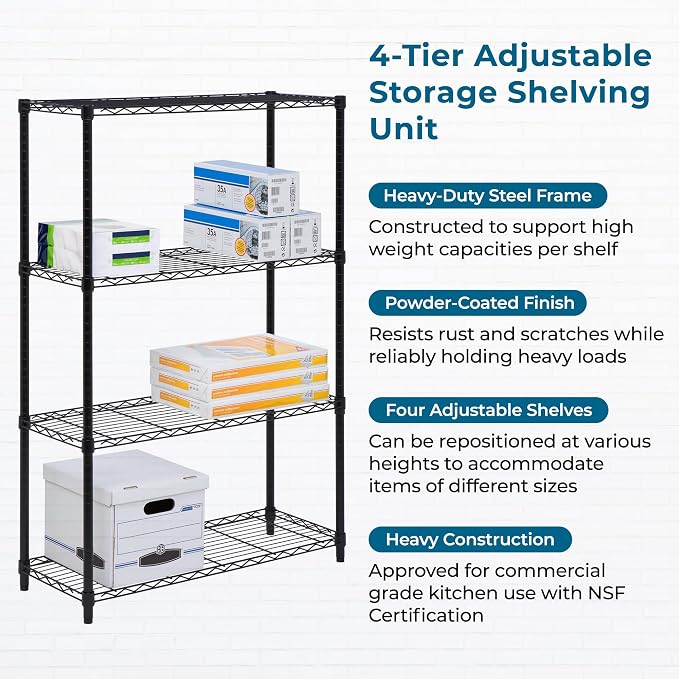 Honey-Can-Do 4-Tier Heavy Duty Adjustable Shelving Unit, 250-lb Per Shelf Metal Storage Rack, Wire Shelf for Garage Kitchen Office Pantry, Black, 36 x 14 x 54 in