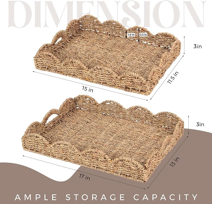 Scalloped Seagrass Tray, Hand-Woven Wicker Storage Baskets with Scalloped Edge and Handles (17x13x3 inch) Rectangular Handwoven Trays, Seagrass Basket for with Built-in Handles, 2 Pack