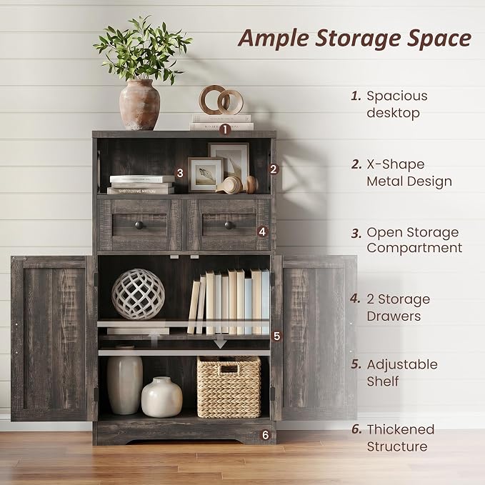 Farmhouse Accent Storage Cabinet with Drawers, Small Kitchen Pantry Cabinet | Coffee Bar Cabinet Cupboard, 2 Storage Drawers, 2 Barn Doors & Adjustable Shelves, for Kitchen/Entryway/Living Room/Bathroom