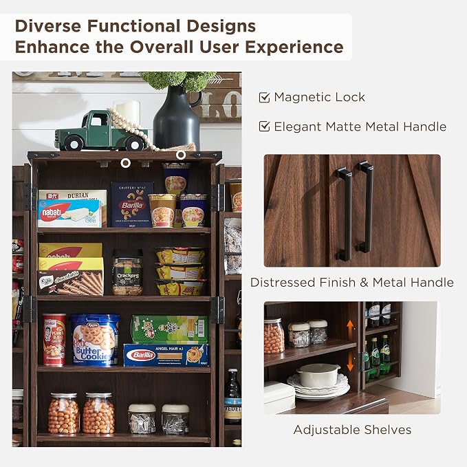 47" Tall Wooden Pantry Storage Cabinet with Door Shelves | Farmhouse, Barn Doors, Adjustable Shelves, Freestanding, Anti-tip Kit, for Kitchen, Dining Room, Living Room