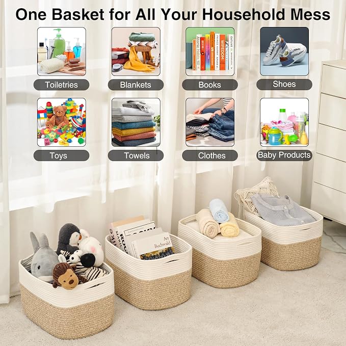 ICERZCZ Woven Cotton Rope Storage Baskets for Organizing & Shelves, Organization Bins for Dog Toys, Clothes, Books, Nursery Organizer, 15"x11"x9", Off White & Mixed Brown (4 Packs)
