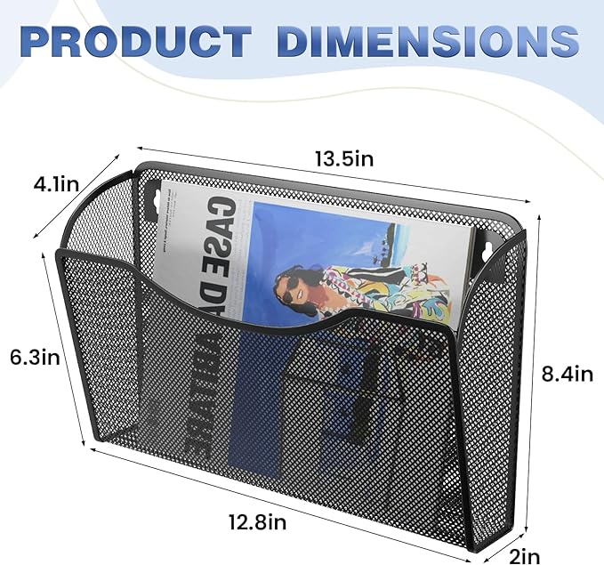MINDEPOT Wall File Organizer, Hanging Wall File Holder, 1 Pack, Black | Heavy Duty Iron, Metal Mesh Wall Mount, Single Pocket, Mail Organizer, for Office School Classroom Home, Letter A4 Size