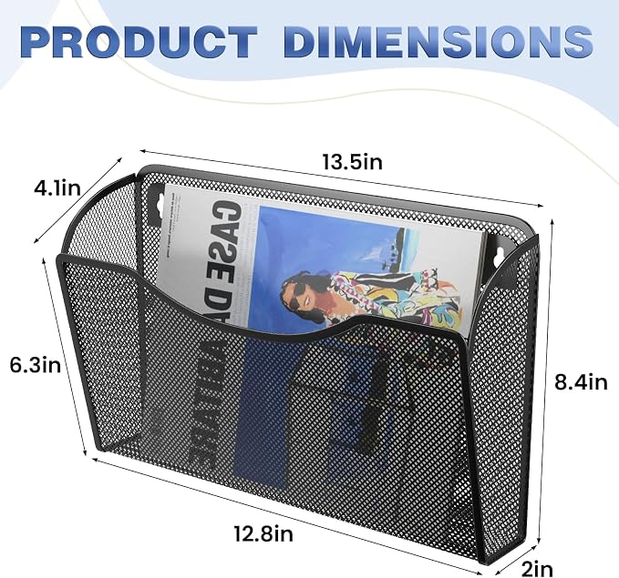 MINDEPOT Wall File Organizer, Hanging Wall File Holder, 2 Pack, Black | Heavy Duty Iron, Metal Mesh Wall Mount, Single Pocket, Mail Organizer, for Office School Classroom Home, Letter A4 Size