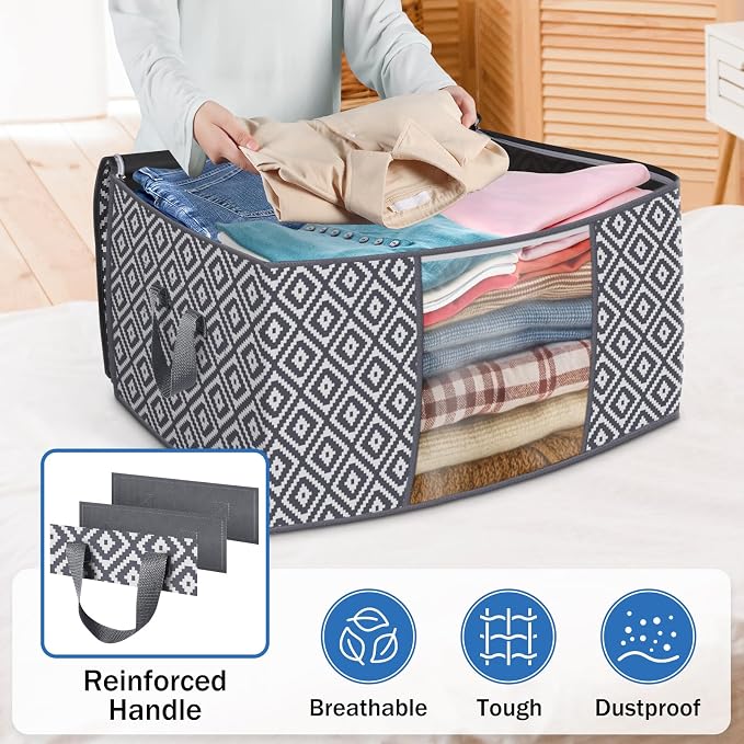 100L 2 Pack Storage Bags, Foldable Clothes Bins with Clear Window, Gray | 100L 2 Pack Storage Bags, Foldable Clothes Bins with Clear Window, Gray