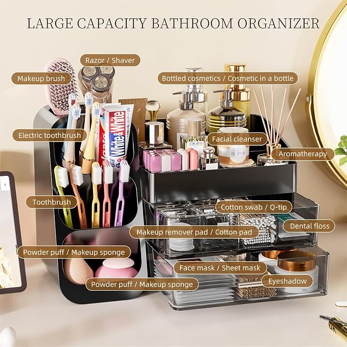 Makeup Organizer with Drawers for Vanity Bathroom Counter Organizers and Storage, Large Skincare Organizer with Brush Toothbrush Holder for Perfume, Nail Polish, Dresser, Office Supplies, Black