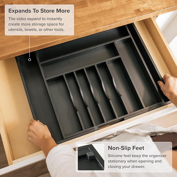 KitchenEdge Silverware & Utensil Drawer Organizer, 18-33 in, Black Bamboo | Cutlery, flatware, food-safe contract grade, kitchen drawer fit