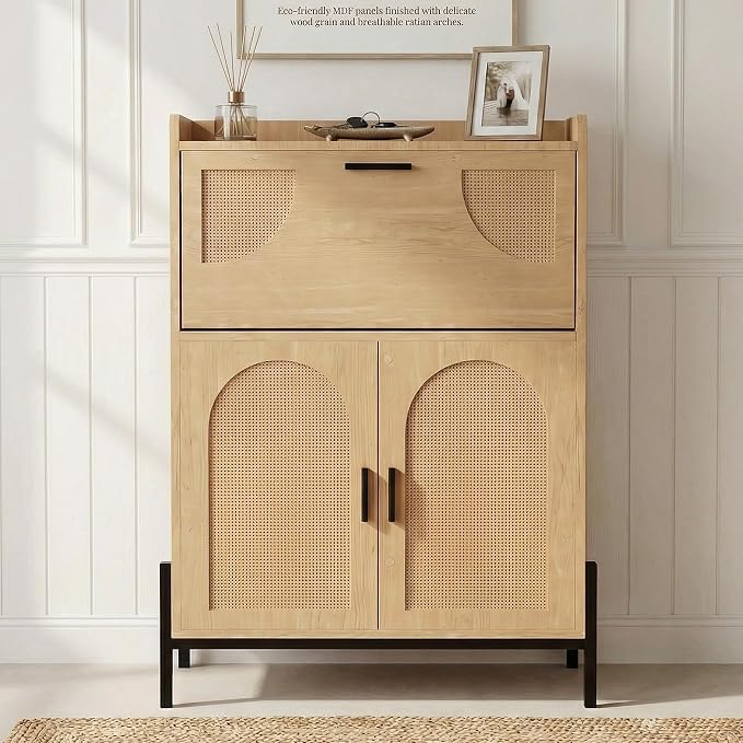 Shoe Cabinet Storage for Entryway, Narrow Wooden Shoe Organizer with Flip Drawer and Lower Double Door Cabinet, Rattan Shoe Cabinet with Metal Legs, 46 x 31.5 x 13.7 in