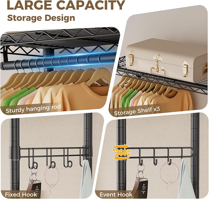Golpart Heavy Duty Rolling Clothes Rack Wheels Portable Metal Garment Rack | Wardrobe Adjustable Wire Shelving Metal Double Clothing Racks for Hanging Clothes Organizer Closet Laundry Room Organization