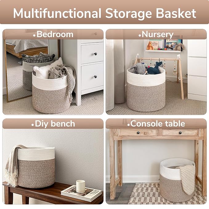 Goodpick Woven Rope Basket for Blankets, Storage Basket for Toys, 45L | 15.8 x 15.8 x 13.8 In Baby Toy Storage Basket for Nursery, Blanket Basket Living Room, Laundry Basket for Towels, Bin,Mele