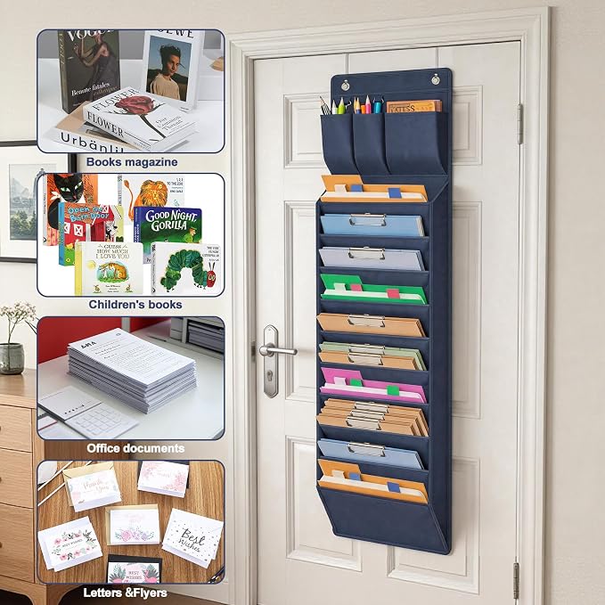 Over Door Hanging File Organizer, 10 Extra Large Pockets (Blue) | Wall file organizer, 10 extra large pockets, heavy-duty fabric. Hanging folders for mail, magazines.13.78"W × 51.18"H