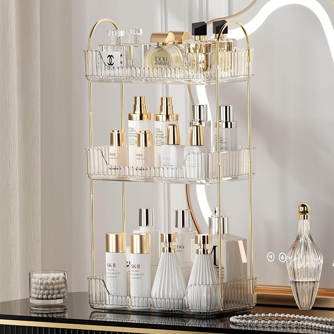 Akinbas 3 Tier Bathroom Organizer Countertop Makeup Perfume Tray Skincare Organizer for Bathroom Dresser Vanity (White)
