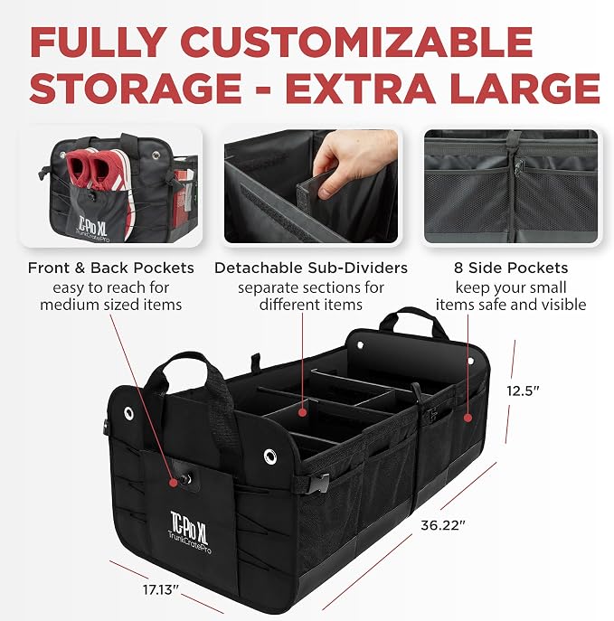 Car Trunk Organizer for SUV, Truck & Auto Cargo Storage, Black, XL | Fits Cars, SUVs & Trucks 6 Adjustable Compartments Non-Slip Base & Securing Straps Foldable 11 Pockets Car Accessories