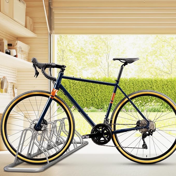 Simple Houseware 5-Bike Adjustable Floor Storage Rack for Garage, Silver | Bicycle Parking Stand Organizer for Road and Kids Bikes
