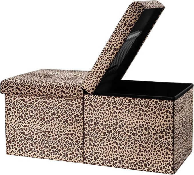 AmasSmile Footrest Ottoman Storage Bench, 34" Velvet Folding Stool,Leopard | Large Ottoman with Storage, Thicker Foam Padded Seat, Livingroom, Dorm, Bedroom, Entryway, Easy to install, 34 x 13 x 13in
