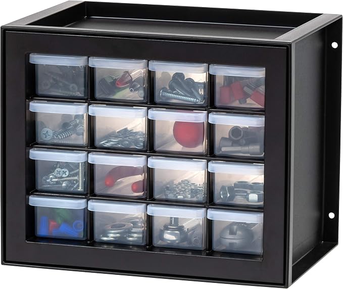 IRIS USA 16-Drawer Small Drawer Organizer, Garage Desk Storage, Black | Wall mountable, Stackable Teacher Toolbox, Beads, Building Bricks, Water Packets, Screws, Hardware